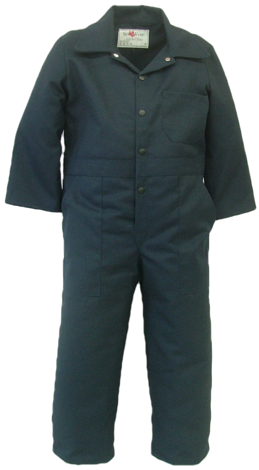 Long sleeve children's coverall. These coveralls are made with a durable 7.5 oz., 65% polyester/35% cotton blend twill fabric   ~Made in Canada  ~one chest pocket  ~two front pockets  ~two rear hip pockets  ~domed front closure  ~machine washable    Colors available:  navy, green, grey, black, tan, pink, camouflage.    Sizes and Pricing:  Size 2 and 4 ~ $28.55  Size 6 and 8 ~ $30.13  Size 10 and 12 ~ $32.23  Size 14 and 16 ~  $35.95    An additional surcharge will apply for camouflage coveralls.