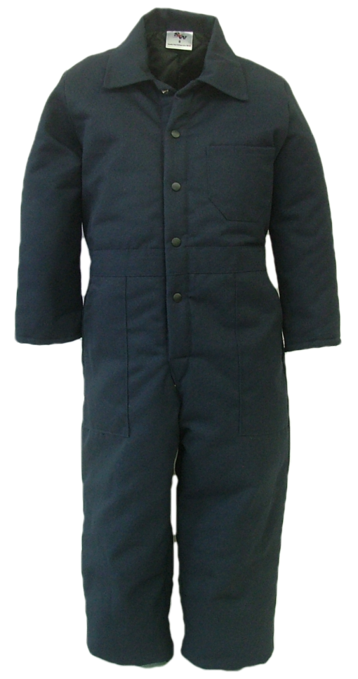 Quilt lined coveralls for children. These coveralls are made with a durable 7.5 oz., 65% polyester/35% cotton blend twill fabric and lined with a 5 oz. 100% polyester quilted lining.  ~Made in Canada  ~one chest pocket  ~two front pockets  ~two rear hip pockets  ~domed front closure  ~machine washable    Colours available:  navy, green, grey, black, tan, pink, and camouflage.    Sizes and Pricing:  Size 2 and 4 ~ $47.97  Size 6 and 8 ~ $51.97  Size 10 and 12 ~ $55.82  Size 14 and 16 ~ $58.03    An additional surcharge will apply for camouflage coveralls.