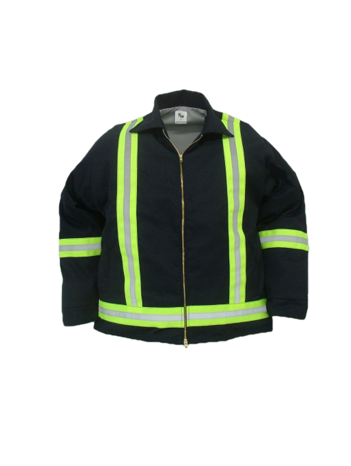 Durable work jacket. These safety jackets are made of  7.5 oz. 65%polyeser/35% cotton blend twill fabric and lined with a 65/35 polycotton blend poplin fabric  ~Made in Canda  ~2-way brass YKK zipper  ~2 front insert pockets  ~adjustable domed cuffs  ~machine washable  ~2" safety striping, 2 stripes down front, full back X band on arms and waist.    Available in: navy,     Sizes and Pricing:  Size: S, M, L, XL ~ $85.31  Size XXL, 3XL ~ $88.17    Tall sizes will have an additional $4.95 surcharge    Also Available:   Safety Quilt Lined Work Jacket. Item  #S1020  These jackets are made of  7.5 oz. 65% polyester/35% cotton blend twill fabric and lined with a 5 oz. 100% polyester quilted lining.  ~Made in Canada  ~2-way brass YKK zipper  ~2 front insert pockets  ~adjustable domed cuffs  ~machine washable  ~2" safety striping, 2 stripes down front, full back X band on arms and waist.    Available in navy     Sizes and Pricing:  Size: S, M, L, XL ~ $100.73  Size XXL, 3XL ~ $103.77    Tall sizes will have an additional $4.95 surcharge