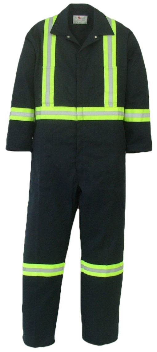 Long sleeve safety coveralls. These coveralls are made with a durable 7.5 oz., 65% polyester/35% cotton blend twill fabric.  ~Made in Canada  ~two deep chest pockets, one with pencil slot  ~two front pockets  ~two side opening for pant pocket access  ~two rear hip pockets  ~concealed 2-way #5 YKK brass zipper   ~2 YKK dome fasteners at collar  ~expansion back feature  ~2" reflective striping  two stripes on front, X on back, bands on arms, legs and waistband.    Colors available:  Navy     Sizing and Pricing:  Size 36, 38, 40, 42, and 44 ~ $92.11  Size 46, 48, 50 and 52 ~ $105.43  Size 54, 56, 58, 60 and 62 ~ $120.98    A $4.95 surcharge will apply to tall coveralls.    Also Available:  Men's Insulated Safety Coveralls. These coveralls are made with a durable 7.5 oz. 65% polyester/35% cotton blend twill fabric and lined with a mid weight 5 oz. 100% polyester quilted lining.  ~Made in Canada  ~one deep chest pocket with pencil slot  ~two front pockets  ~two side openings with snaps, for pant pocket access  ~two rear hip pockets  ~concealed 2-way, heavyweight, YKK #10 zipper   ~2 YKK domes at collar  ~expansion back feature  ~elastic in back  ~machine washable  ~2" reflective striping  two stripes on front, X on back, bands on arms, legs and waistband.    Available in navy.    Sizes and Pricing:  Available in Short and Regular lengths.  Size 36, 38, 40, 42 and 44 ~ $142.52  Size 46, 48, 50, and 52 ~ $148.27  Size 54, 56, 58, 60 and 62 ~ $161.77    Tall coveralls will be subject to a $3.90 surcharge.