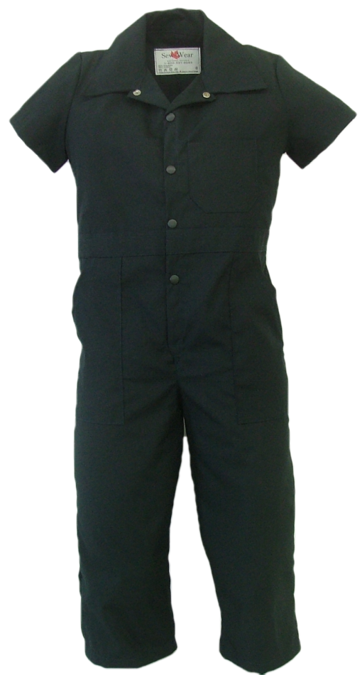 Short Sleeve coveralls for children. These coveralls are made with a lightweight 65% polyester/35% cotton blend poplin fabric.  ~Made in Canada  ~one chest pocket  ~two front pockets  ~two rear hip pockets  ~domed front closure  ~machine washable    Colors available:  navy    Sizes and Pricing:  Size 2 and 4 ~ $25.55  Size 6 and 8 ~ $26.53  Size 10 and 12 ~ $28.52  Size 14 and 16 ~  $31.45