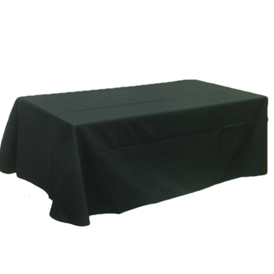 Table cloth - Flat 8 ft. table cover: Dimensions: 126" x 64". Our table covers are made with a 65/35 poly/cotton twill fabric available in black, white, red, royal, tan, charcoal grey, navy and green. The rounded corners and neatly hemmed edges help make any display table look great. They are ideal for conventions, trade shows,  displays of any kind.    Price:  $65.00    Additional sizes available upon request.