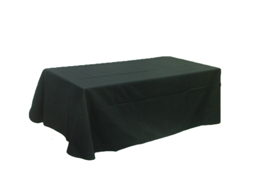 Table cloth - Flat 8 ft. table cover: Dimensions: 126" x 64". Our table covers are made with a 65/35 poly/cotton twill fabric available in black, white, red, royal, tan, charcoal grey, navy and green. The rounded corners and neatly hemmed edges help make any display table look great. They are ideal for conventions, trade shows,  displays of any kind.    Price:  $65.00    Additional sizes available upon request.